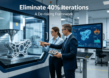 A lead engineer and project director in a high-tech lab observe the real-time digital twin simulation of a complex 5-axis machined medical/aerospace part, comparing predicted stresses with actual machining inside the CNC, symbolizing predictive de-risking.