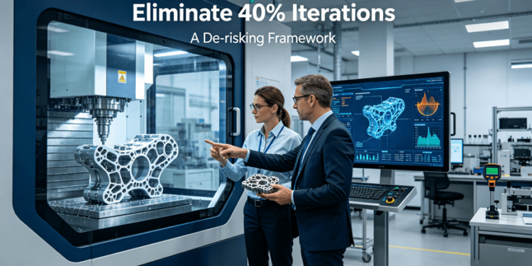A lead engineer and project director in a high-tech lab observe the real-time digital twin simulation of a complex 5-axis machined medical/aerospace part, comparing predicted stresses with actual machining inside the CNC, symbolizing predictive de-risking.