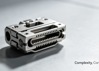 Close-up of a complex, miniature metal surgical instrument component made via Metal Injection Molding, showcasing high precision and intricate details.