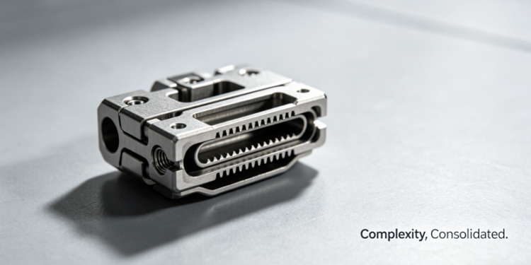 Close-up of a complex, miniature metal surgical instrument component made via Metal Injection Molding, showcasing high precision and intricate details.